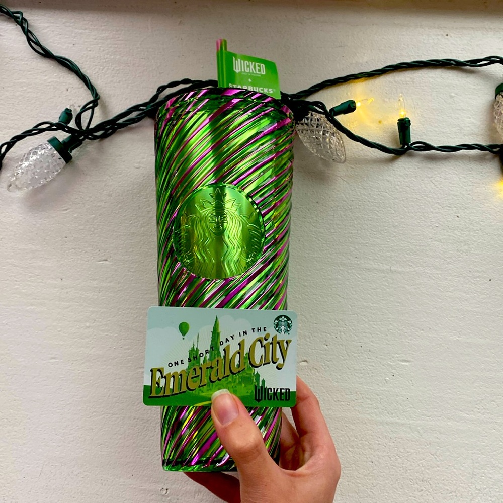 Wicked Starbucks Pink and Green Swirl Cold Cup 24oz + Emerald City Gift Card